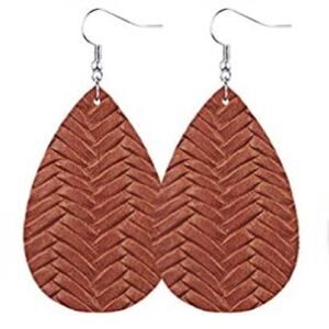 New Boutique Lightweight Braided Faux Leather Brown Teardrop Hook Earrings